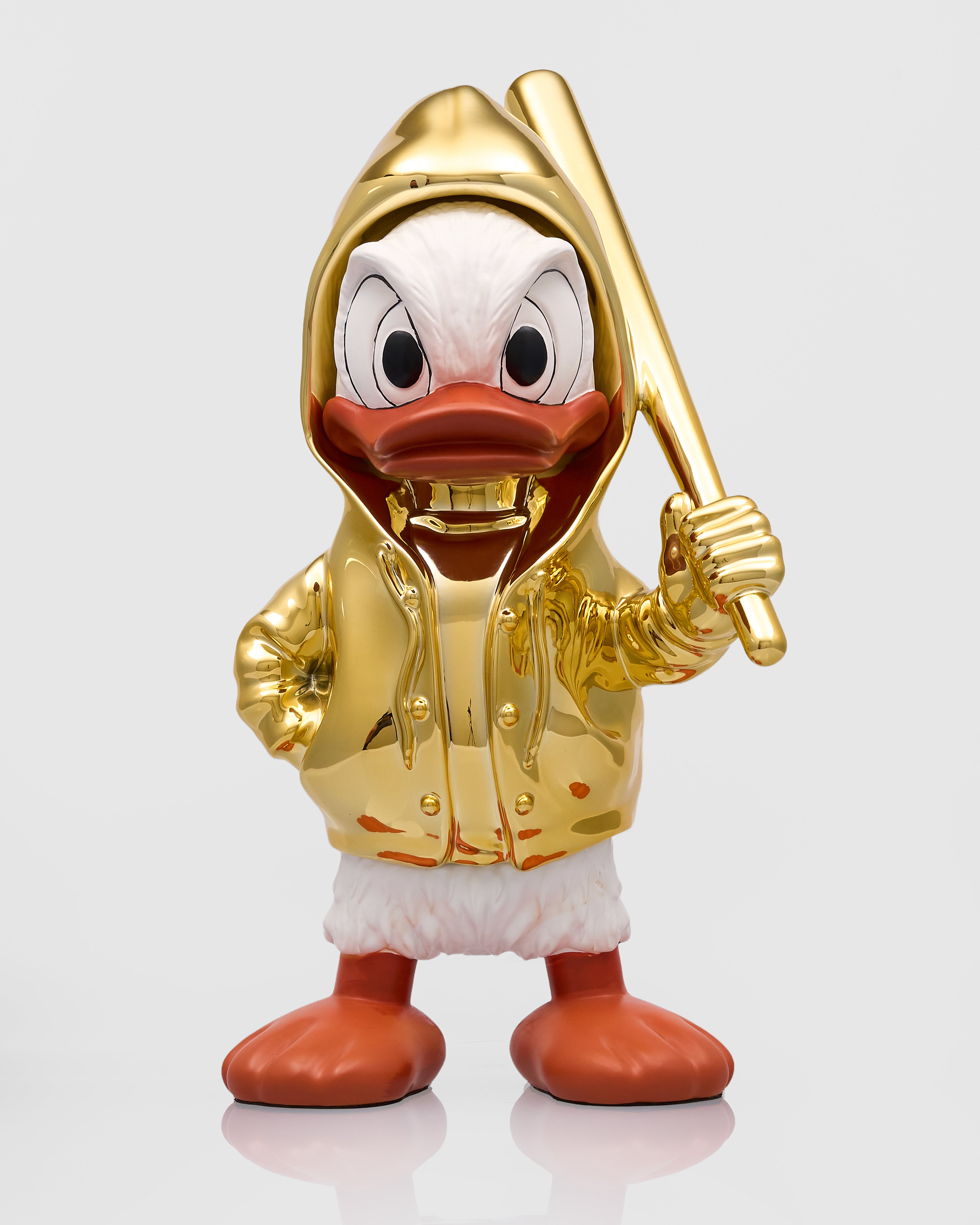Animated character figure wearing a gold jacket and holding a bat on a white background