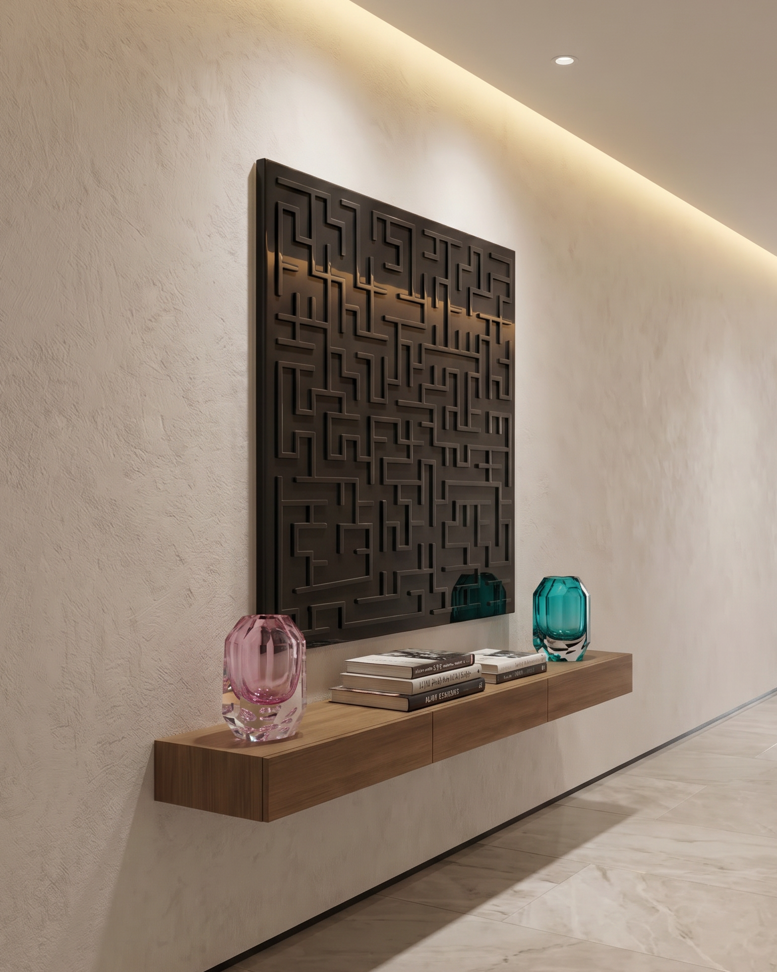 Modern interior with a textured wall panel and decorative objects on a shelf.
