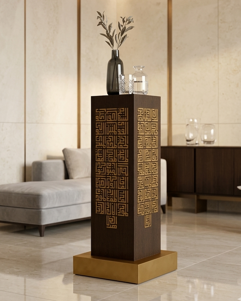 Decorative column with a vase and glasses in a modern living room setting