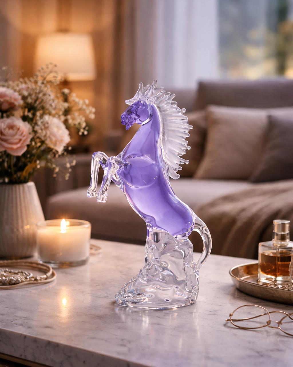 Glass horse sculpture on a marble surface with a candle and decorative items in the background