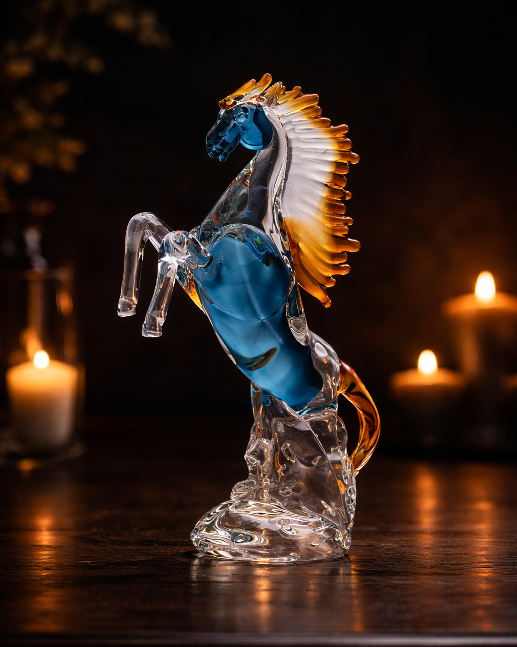 Glass horse figurine with blue body and orange mane on a dark background with candles