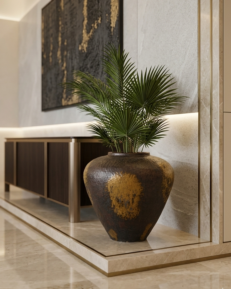 Decorative vase with a plant in a modern interior setting