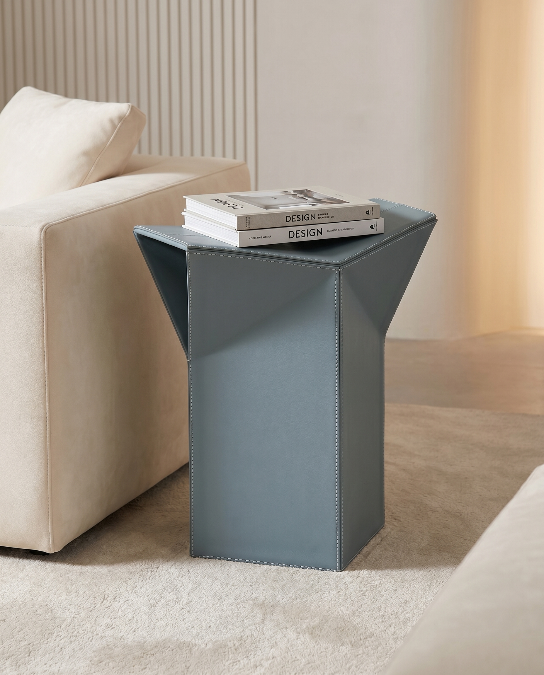 Diamond-Form Conical Leather Side Table - Pastel Blue