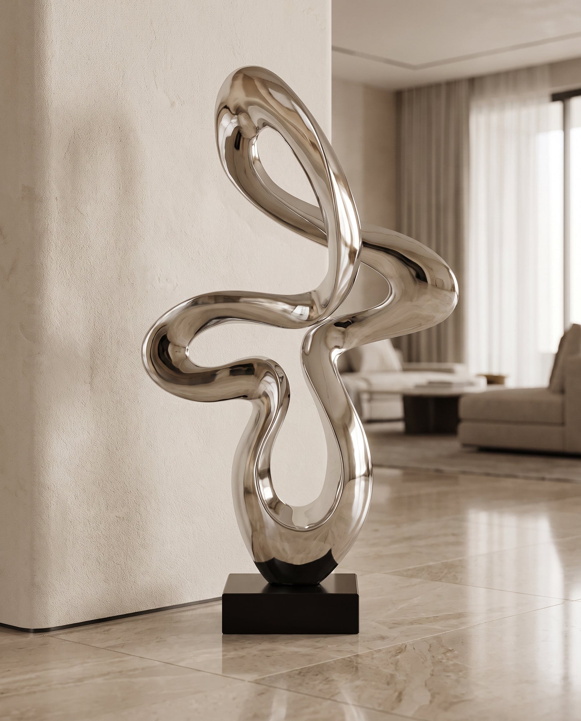Contemporary Flow Curve Large Resin Sculpture - Silver