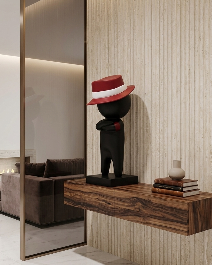 Modern interior with a wooden console table, mirror, and decorative items.