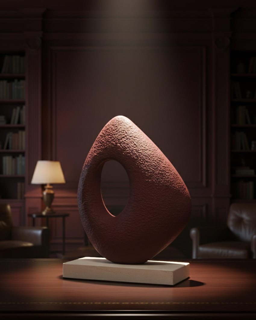 Decorative sculpture on a wooden surface with a bookshelf background