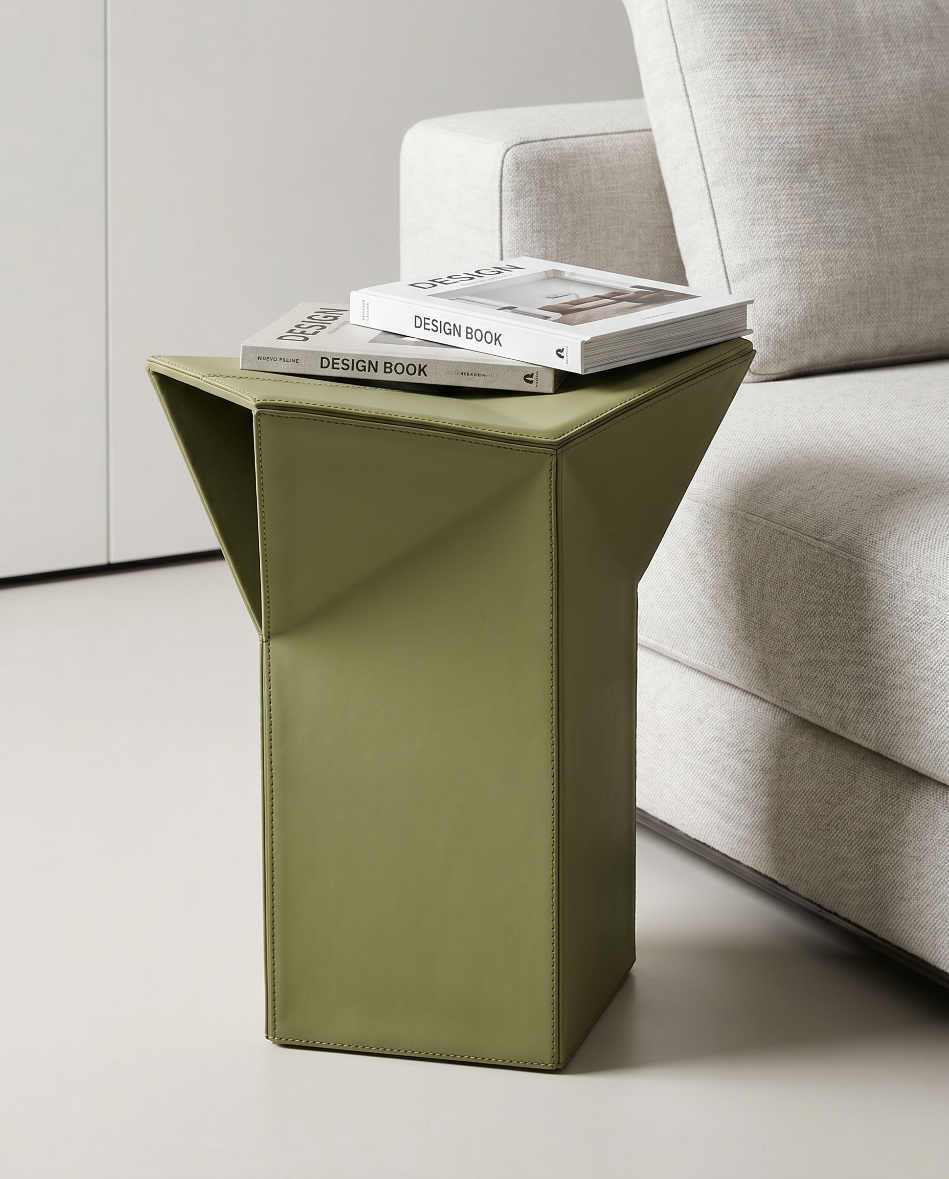 Diamond-Form Conical Leather Side Table - Olive Green