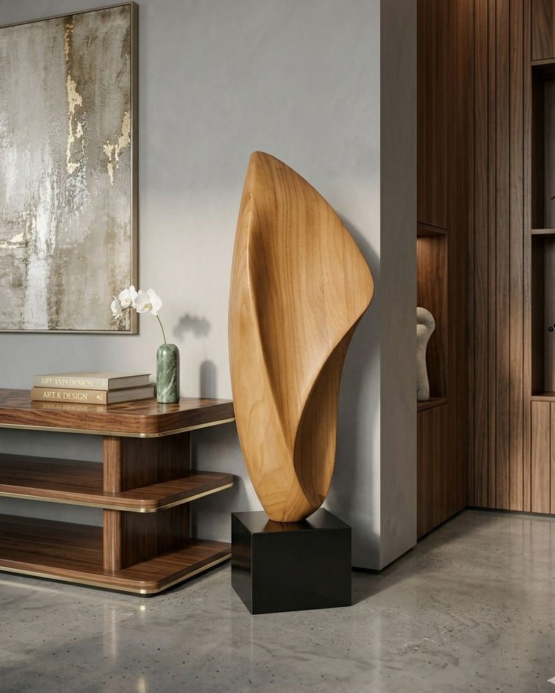 Modern interior with wooden sculpture, bookshelf, and abstract painting.