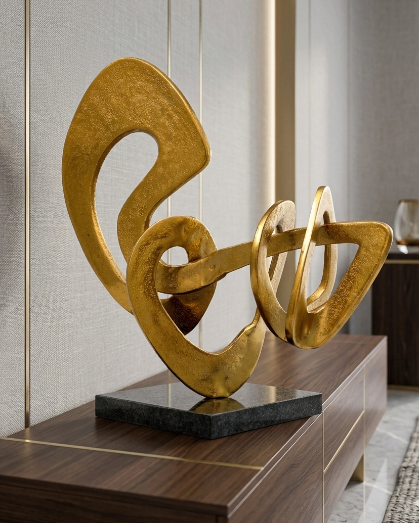Gold abstract sculpture on a wooden cabinet in a modern interior setting