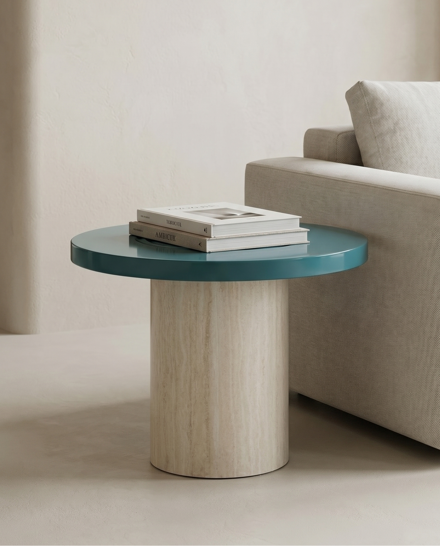 Modern side table with a blue top and wooden base next to a beige sofa.