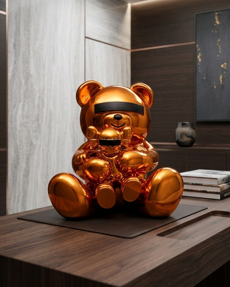 Gold teddy bear sculpture on a wooden surface in an elegant room.