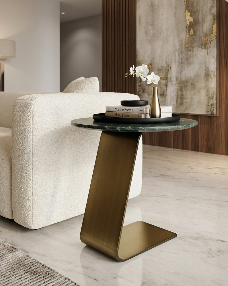 Modern living room with a stylish side table, sofa, and abstract painting.