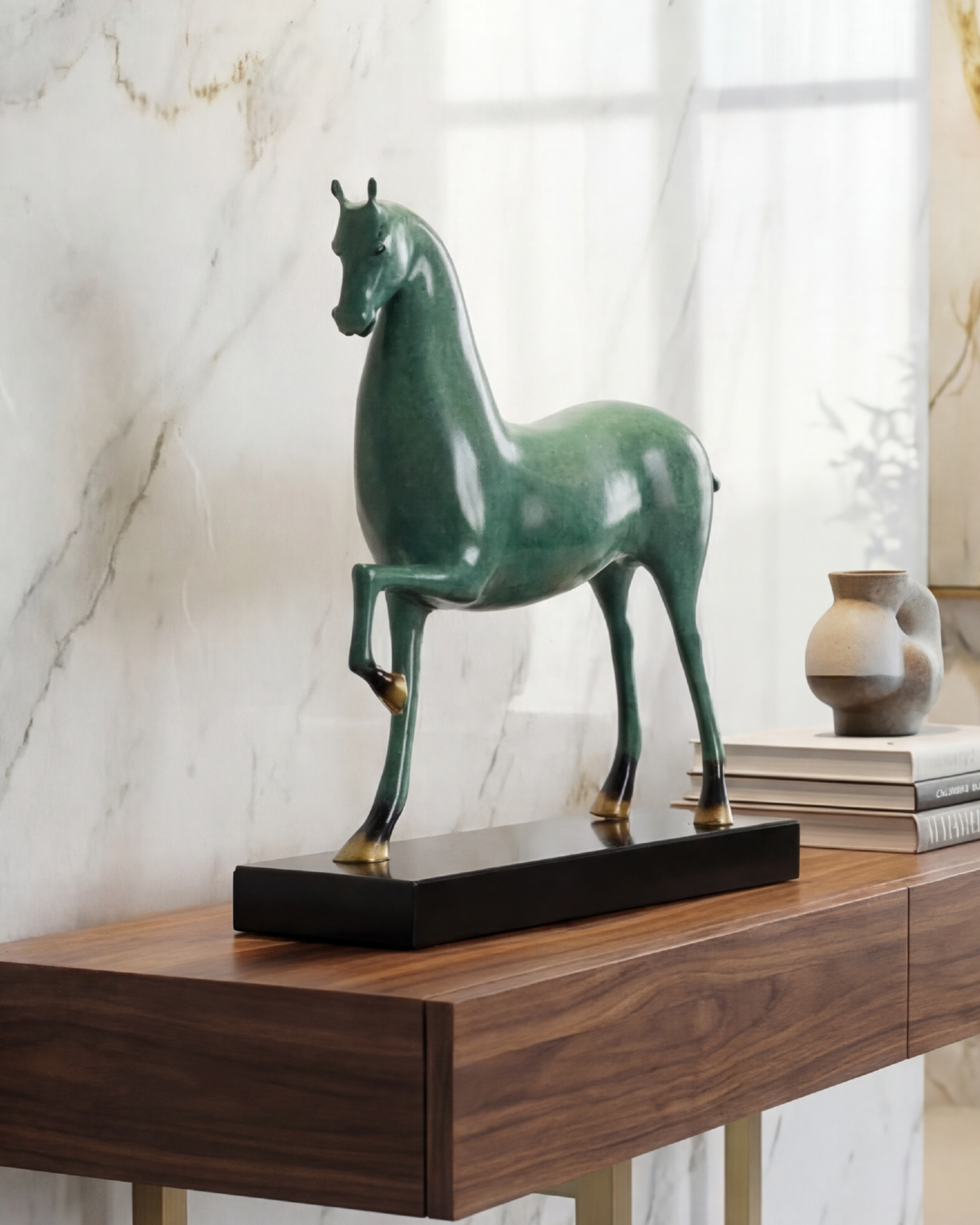 Green horse metal sculpture