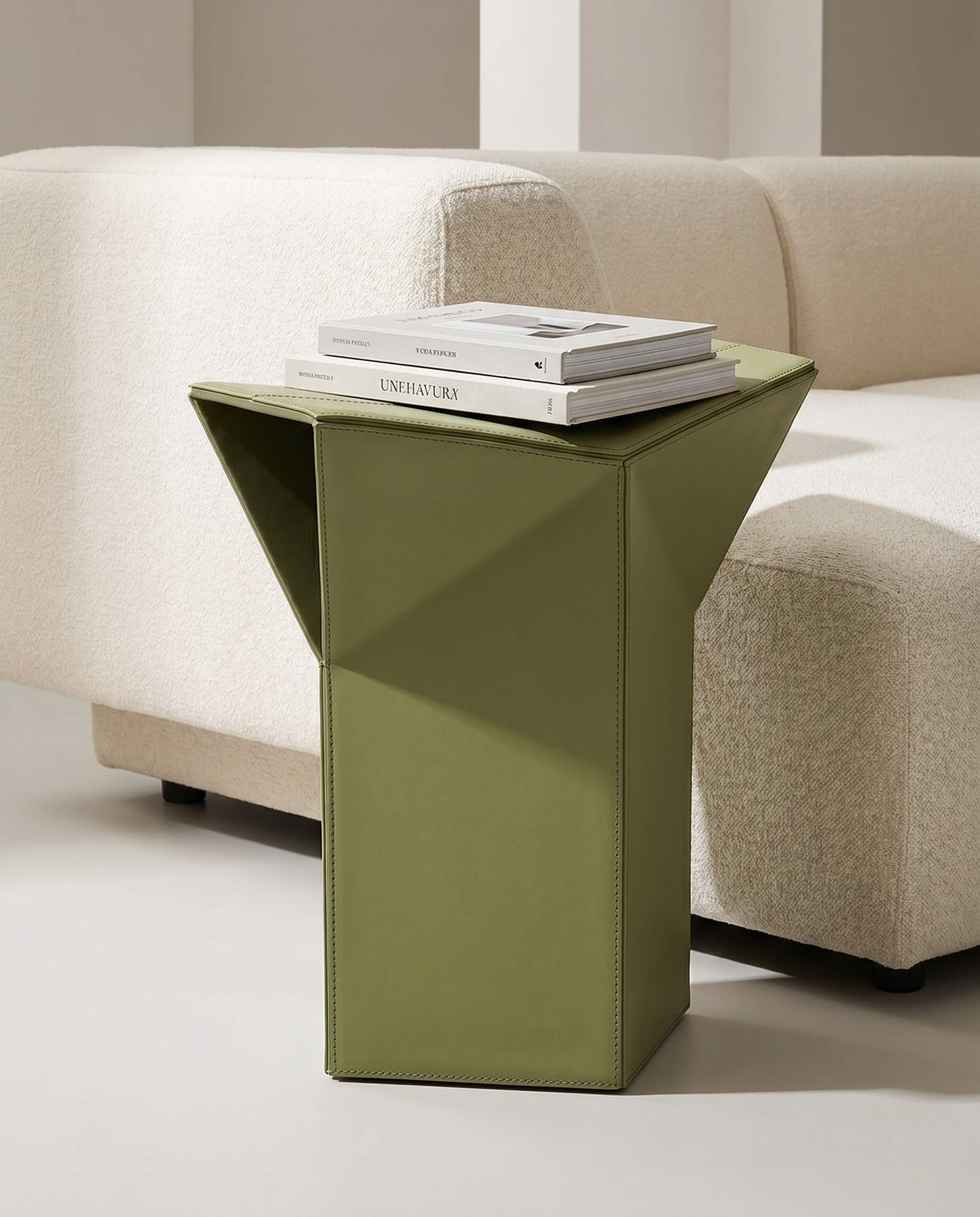 Diamond-Form Conical Leather Side Table - Olive Green