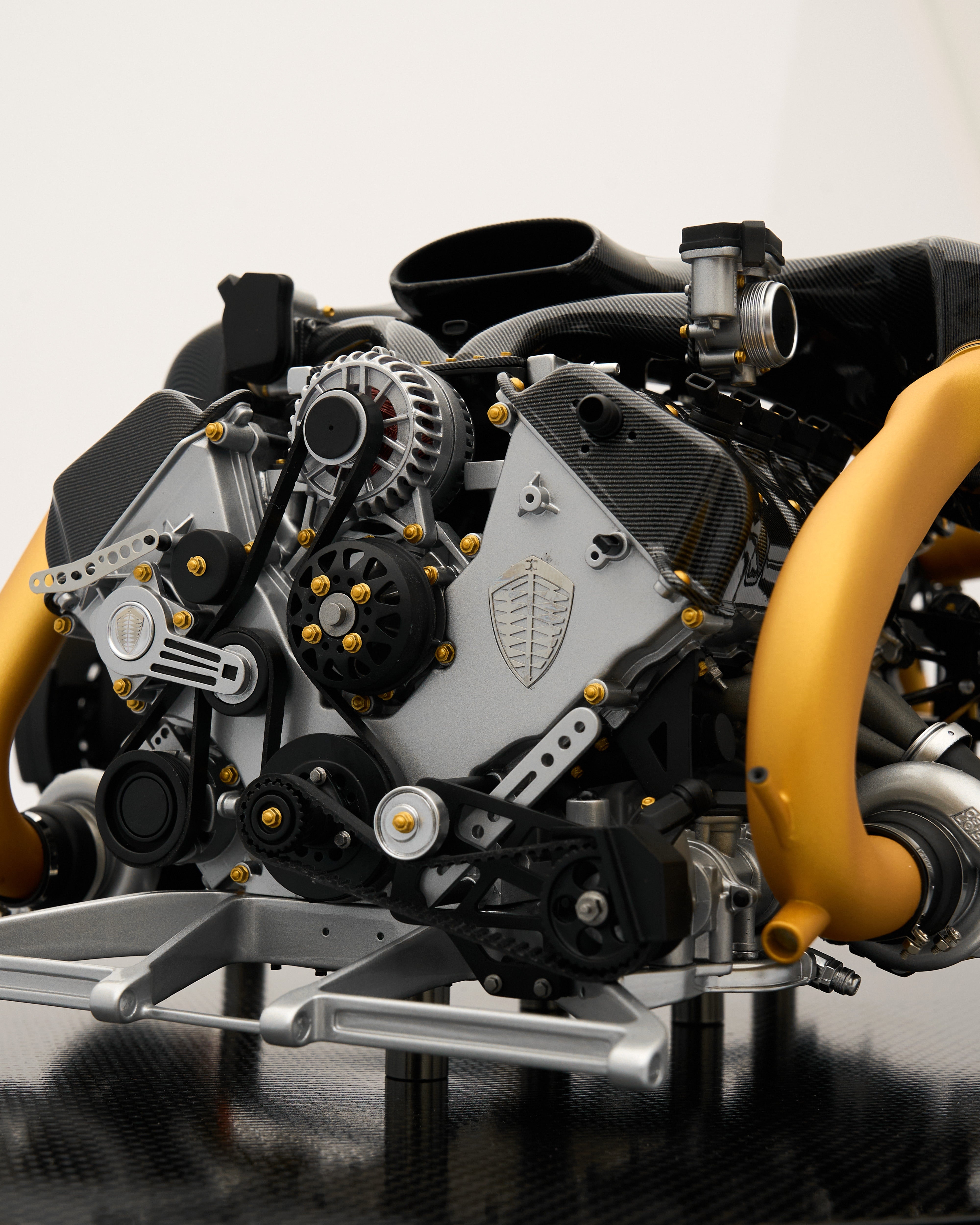 Close-up of Koenigsegg One:1 Engine Scale Model detailing fine mechanical elements and high-quality craftsmanship

