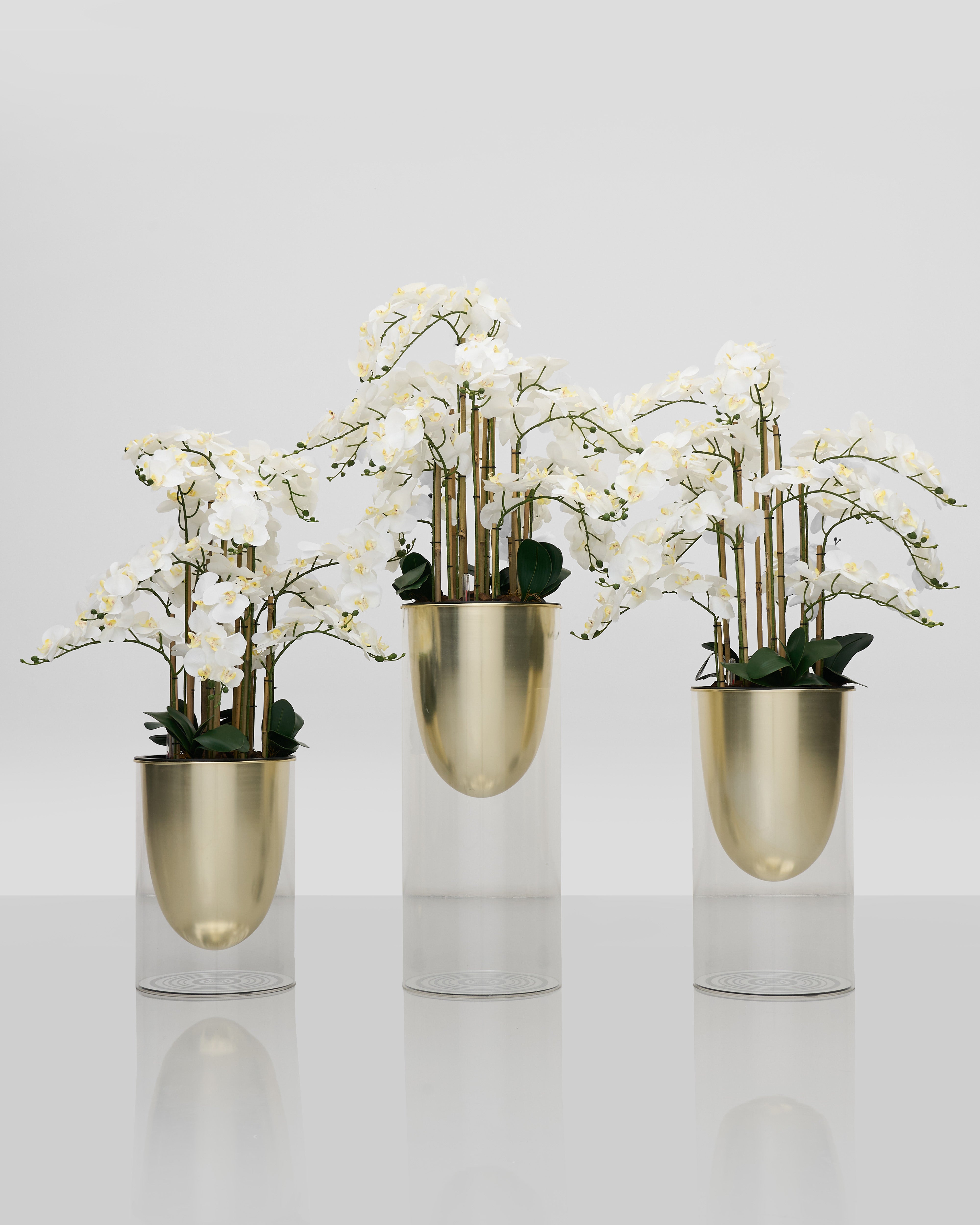 Three decorative vases with gold bases and white flowers on a light gray background