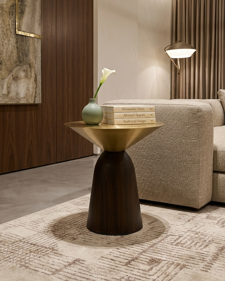 Modern interior with a side table, sofa, and decorative elements.