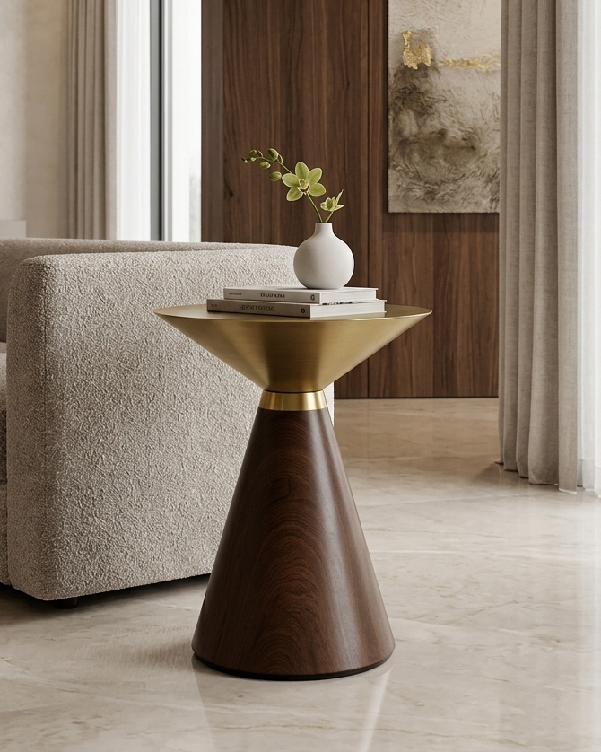 Modern living room with a gold side table, gray sofa, and abstract painting.