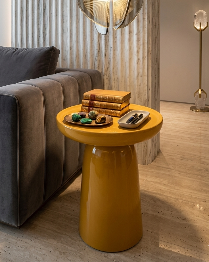 Modern living room with a yellow side table, gray sofa, and decorative items.