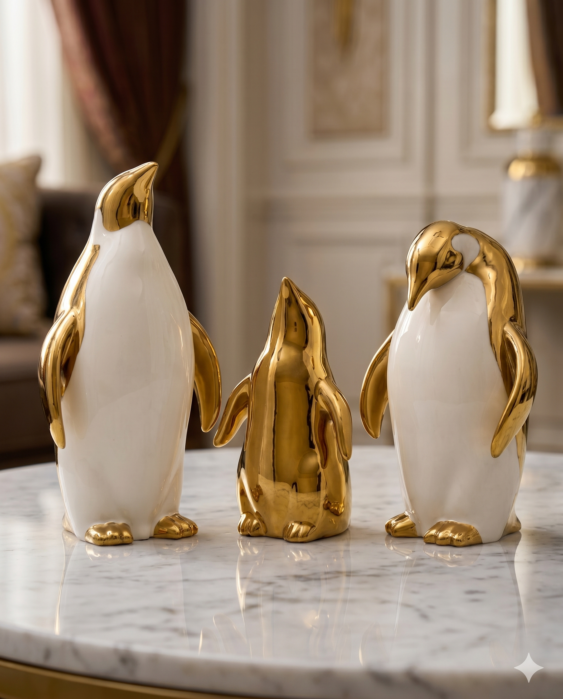Luxury White and Gold Penguin Family Figurines