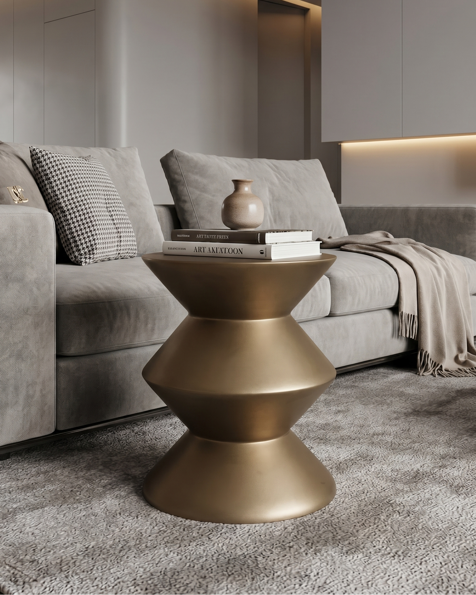 Modern living room with a gray sofa, gold side table, and decorative items.