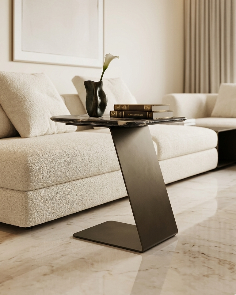 Modern living room with a stylish coffee table and beige sofa.