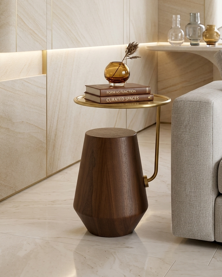 Modern interior with a wooden side table and marble wall.
