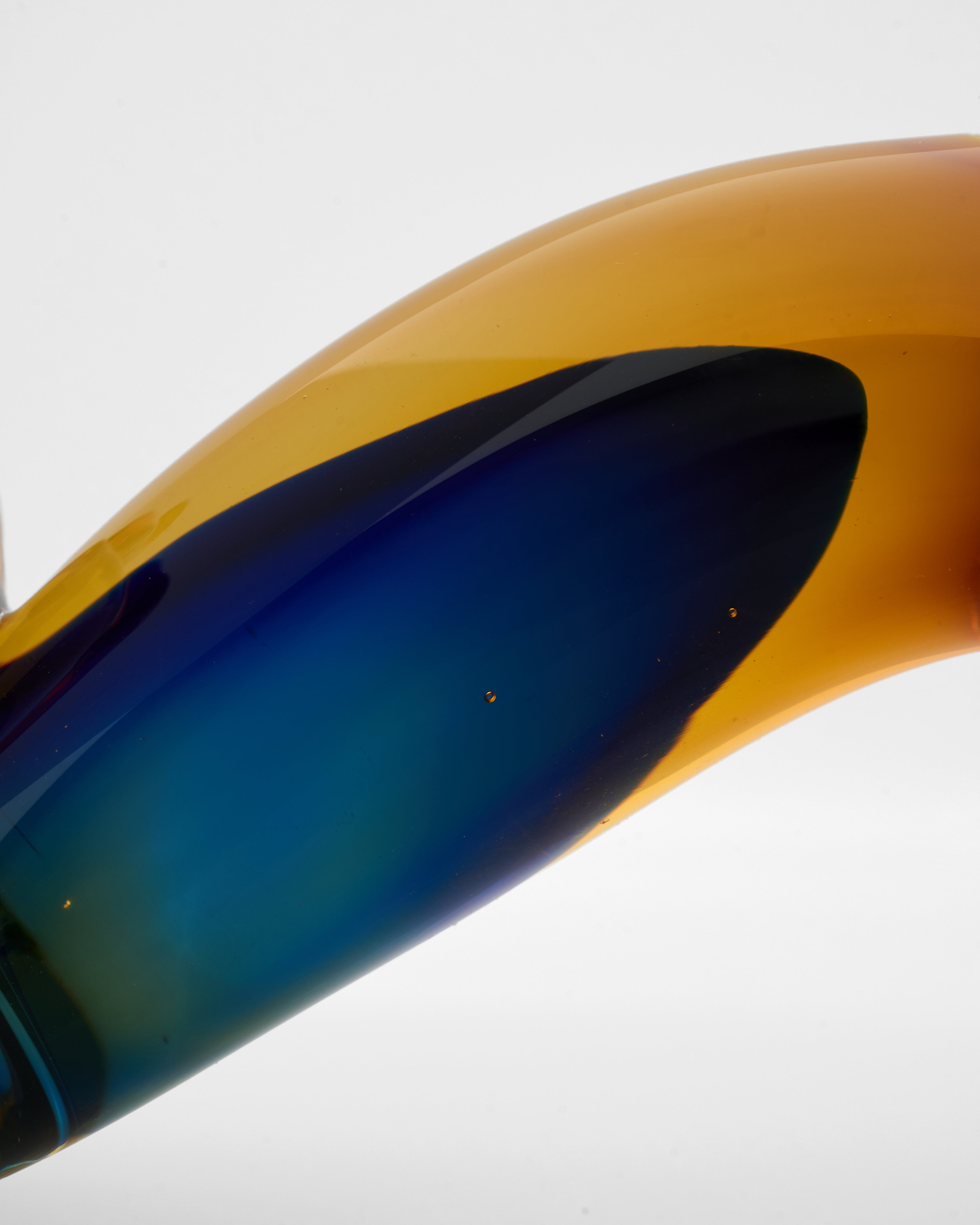 Close-up of a blue and yellow curved object on a white background