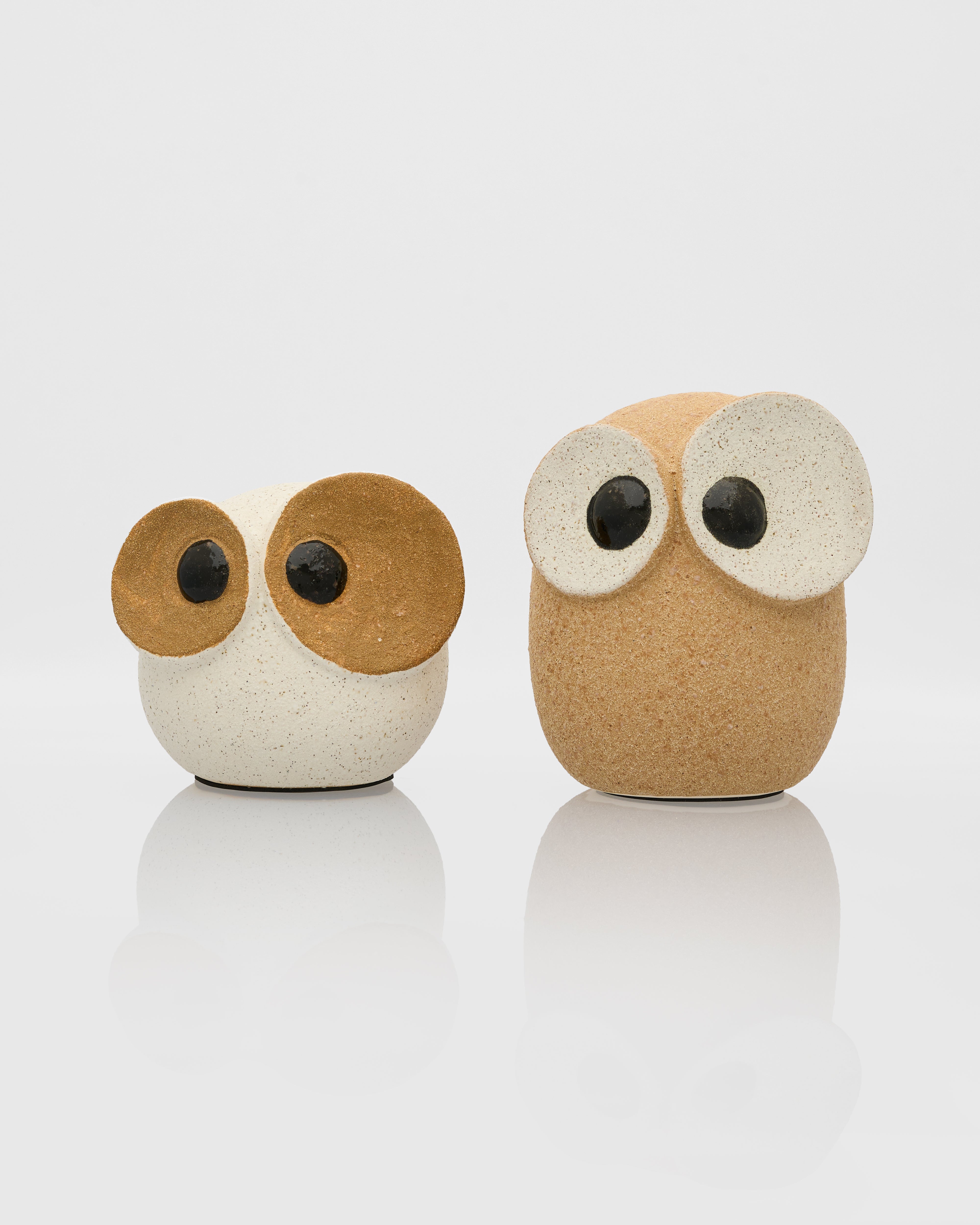 Two owl-shaped objects with large eyes on a white background
