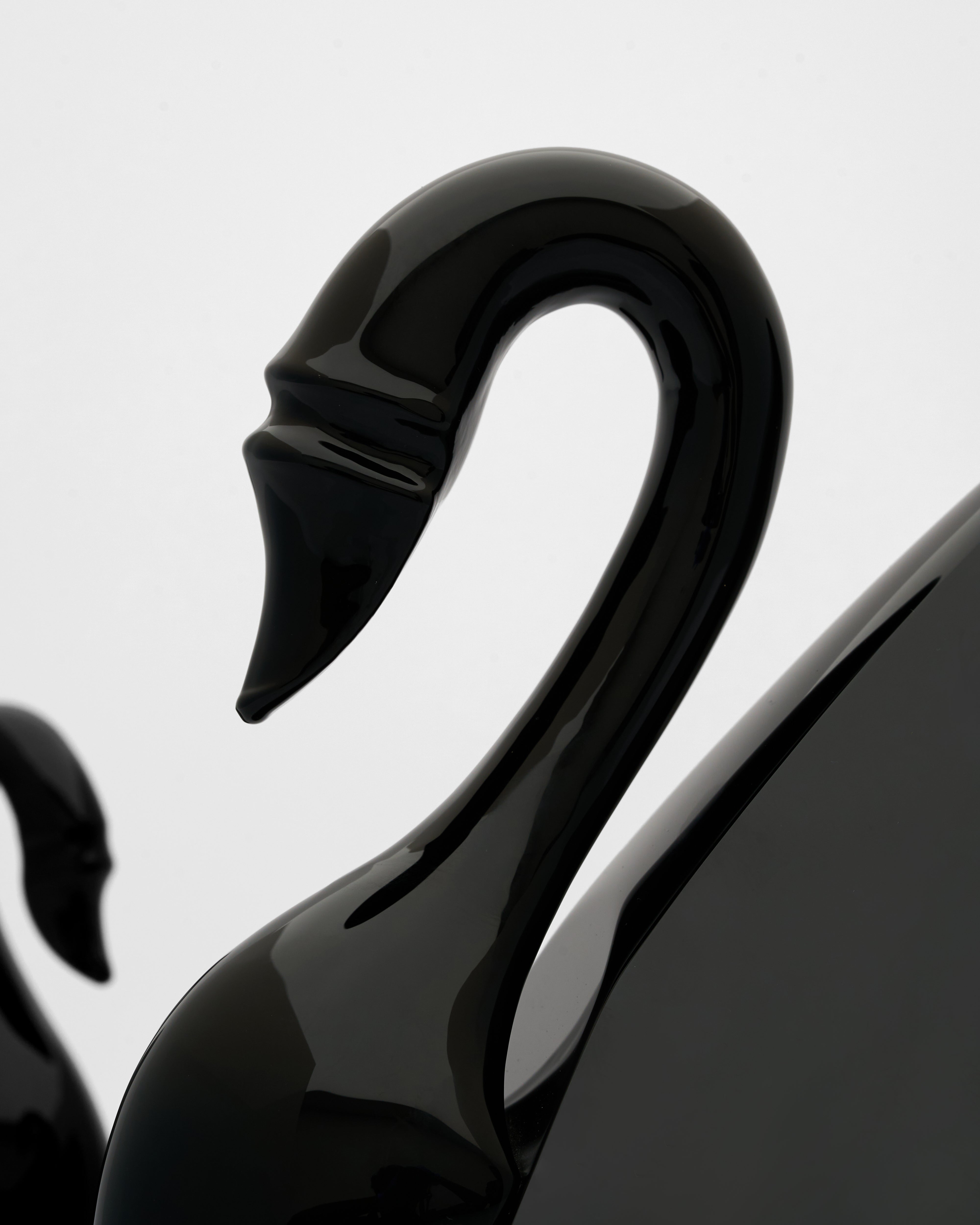 Black swan sculpture against a light gray background