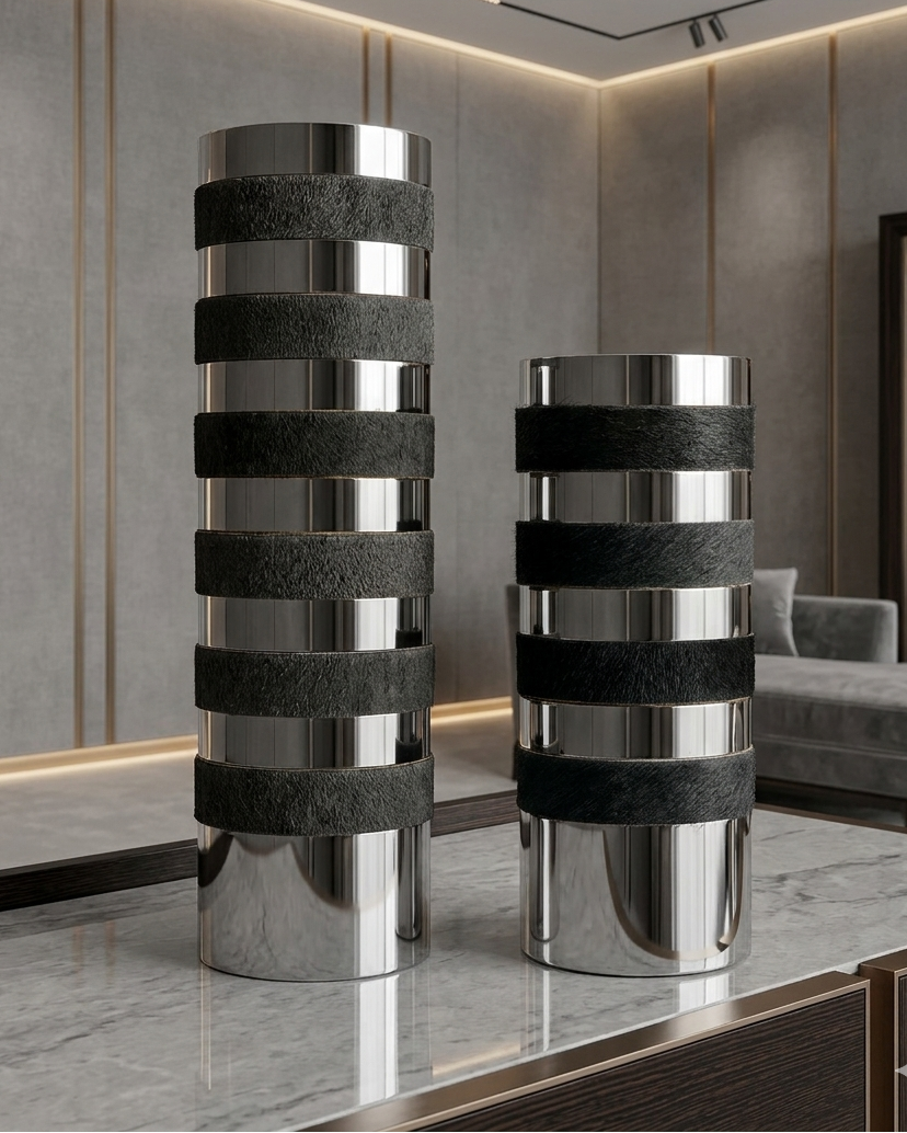 Decorative cylindrical vases with black bands in a modern interior setting.
