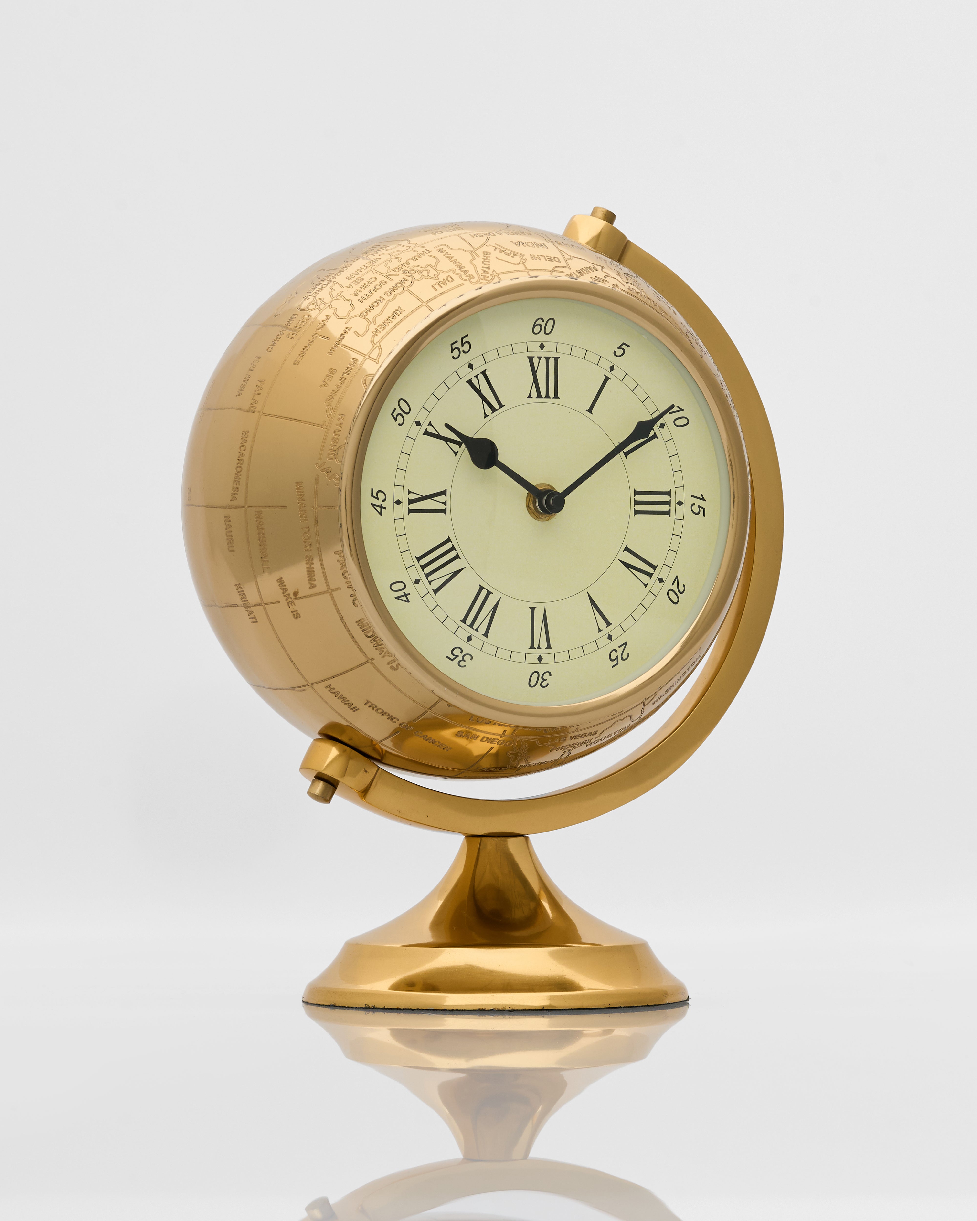 Vintage globe inspired table clock styled as luxury tabletop accent for classic, modern and eclectic interiors
