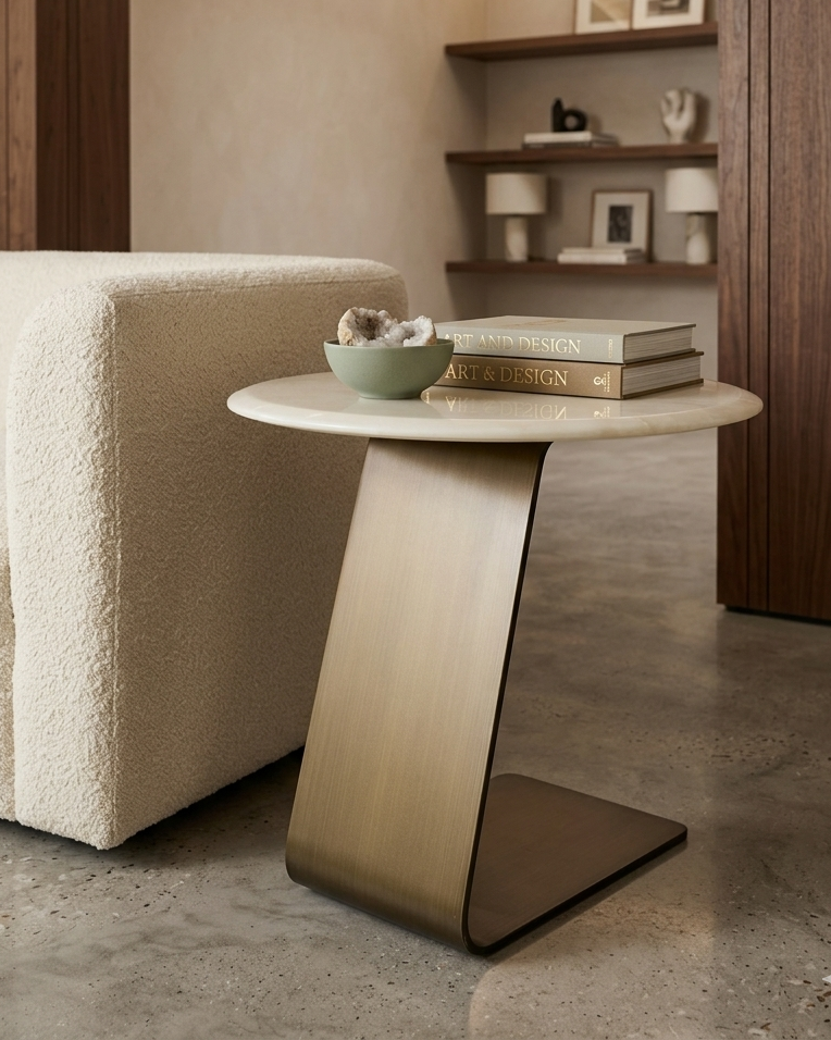 Modern living room with a stylish side table and beige sofa.